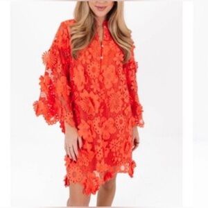 NWT $168 J Marie Seraphina Lace Dress XS Coral 3D Floral Lined JM4435 Flare Slv